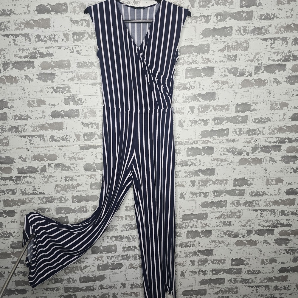 Lauren Ralph Lauren Womens Navy Striped Flare Leg Jumpsuit Boho Stretch Size M